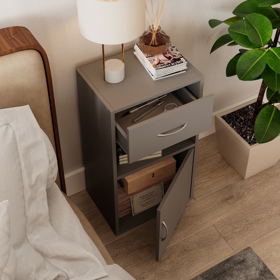 image 1 of 1-Drawer 1-Door Wooden Bedside Table | Grey | Unit Colour: Grey | 1