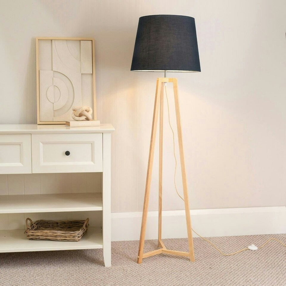 image 1 of ValueLights Lottie Natural Wood Tripod Floor Lamp with Black Fabric Tapered Shade