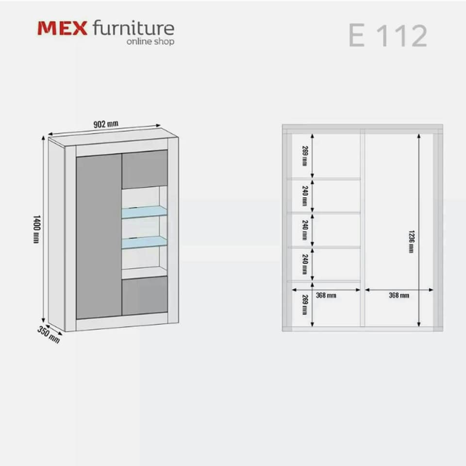 image 1 of Display Cabinet 93cm Grey Gloss Doors White Matt Body Free LED White | Grey