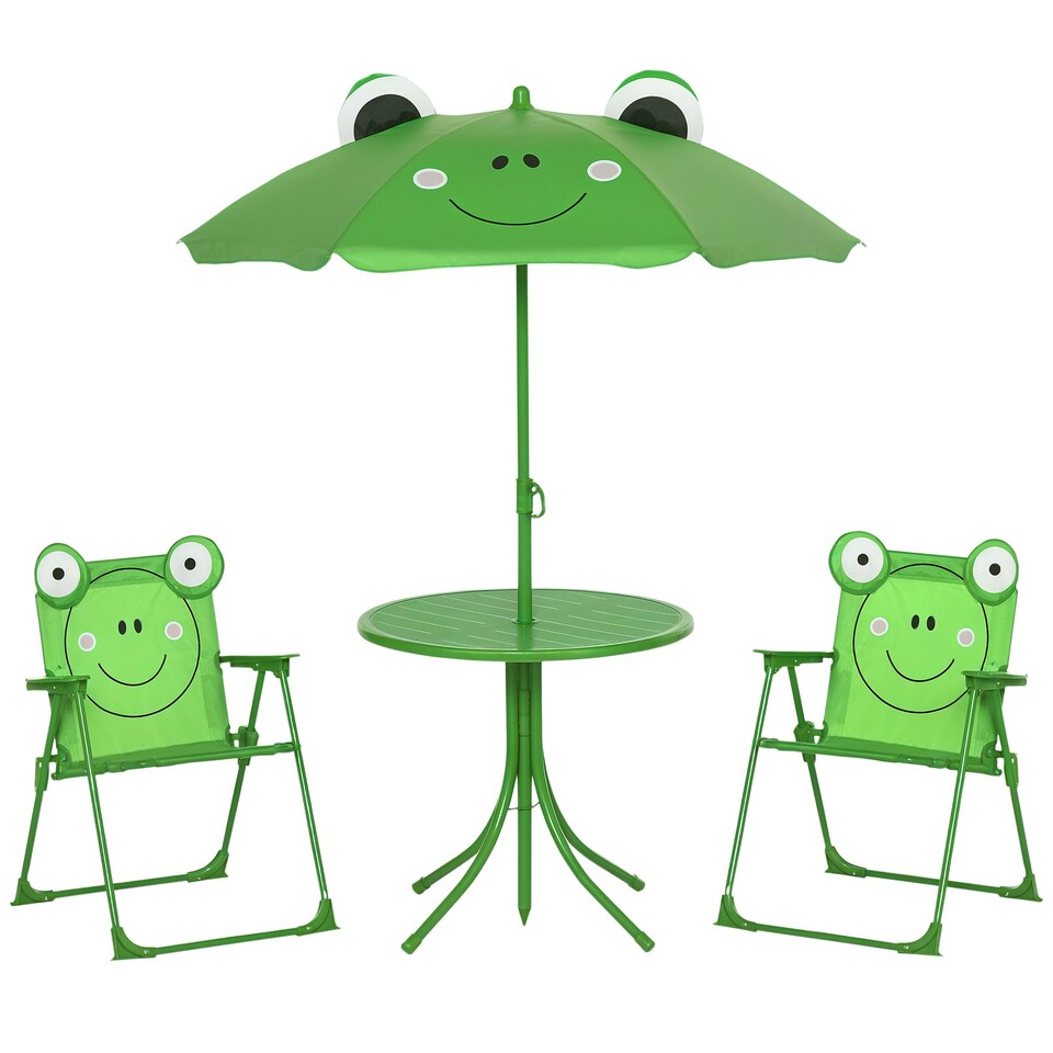 image 1 of Outsunny Foldable Patio Kids Metal Picnic Table w Frog Umbrella Green 4-piece
