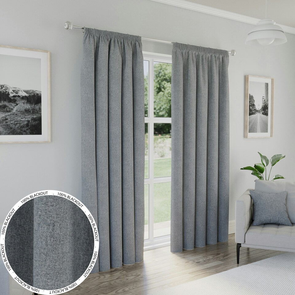 image 1 of Dallas Grey Blackout Curtains 90 x 72 inch (229 x 183 cm) Pencil Pleat 100% Blackout Thermal Noise Reducing Curtains for Bedroom and Living Room