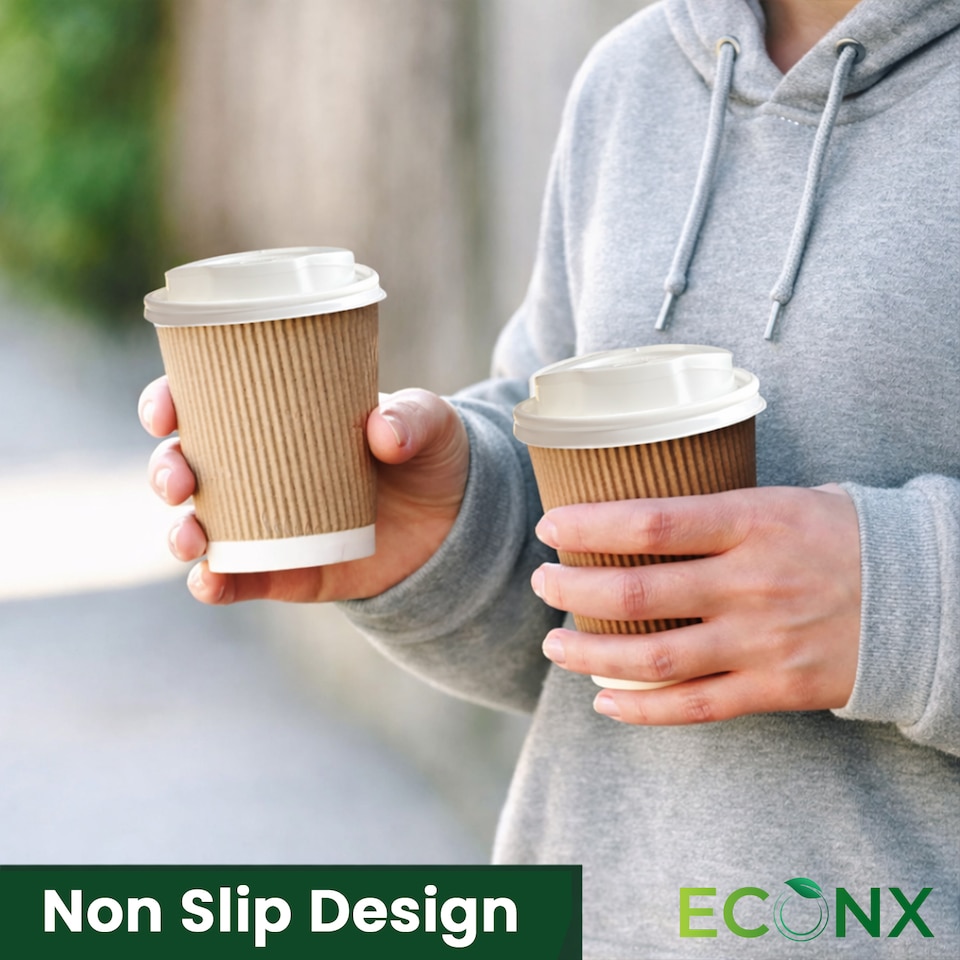 image 1 of ECONX 8oz Kraft Disposable Coffee Cups With White Lid Ripple Insulated Paper Cups 100pc