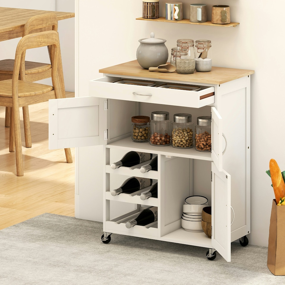 image 1 of HOMCOM Rolling Kitchen Island Trolley Storage Cart w/ Rubberwood Top, White