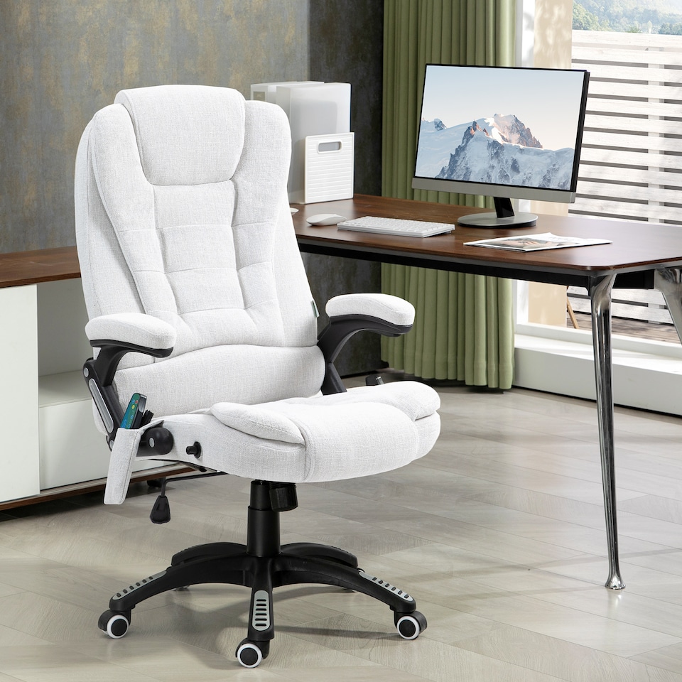 image 1 of Vinsetto Office Chair, Ergonomic Desk Chair with 6-Point Massage and Back Heated, Linen-Feel Fabric Computer Gaming Chair with Arms, Lumbar Support, Cream White