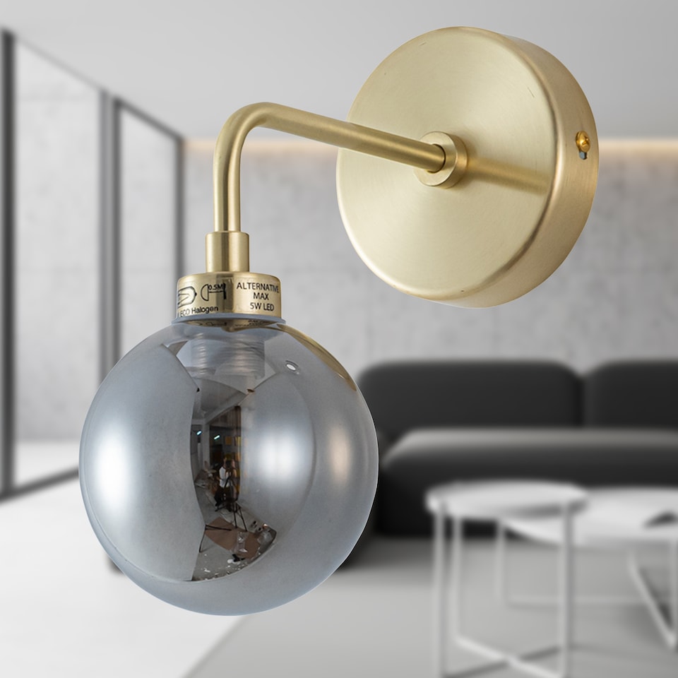 image 1 of Set of 2 Toner - Satin Brass with Smoked Glass Globe Wall Lights | Gold | Grey | 2
