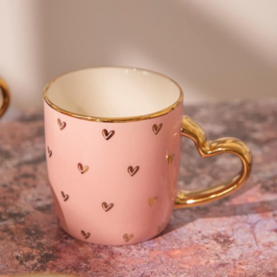 image 1 of Luxury Heart Handle Ceramic Mug 350ml with Gold Detail and Romantic Print | Pink | Light Pink | 350ml | 1