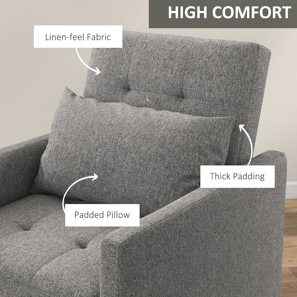 image 1 of HOMCOM Convertible Single Chair Bed w/ Tufted Upholstered Fabric, Grey