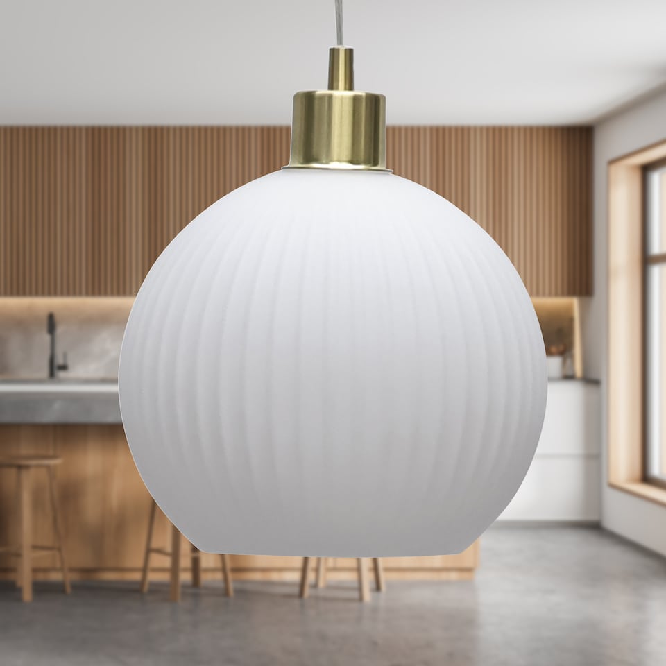 image 1 of Set of 2 Betchley - White Ribbed Glass Globe with Satin Brass Pendants | White | White glass with satin brass plate detail | Small | 2