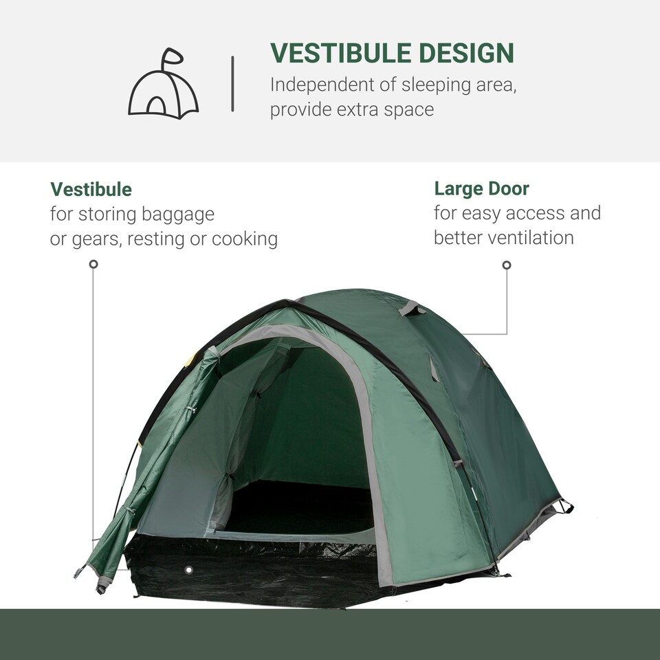 image 1 of Outsunny Compact Camping Tent w/ Vestibule & Mesh Vents for Hiking Green