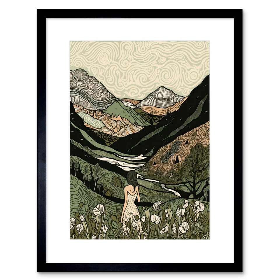 image 1 of Woman Flower Field Scottish Hill Landscape 9x7" Black Framed Wall Art Print