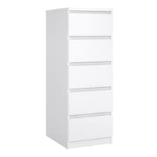 Naia Narrow Chest of 5 Drawers in White High Gloss