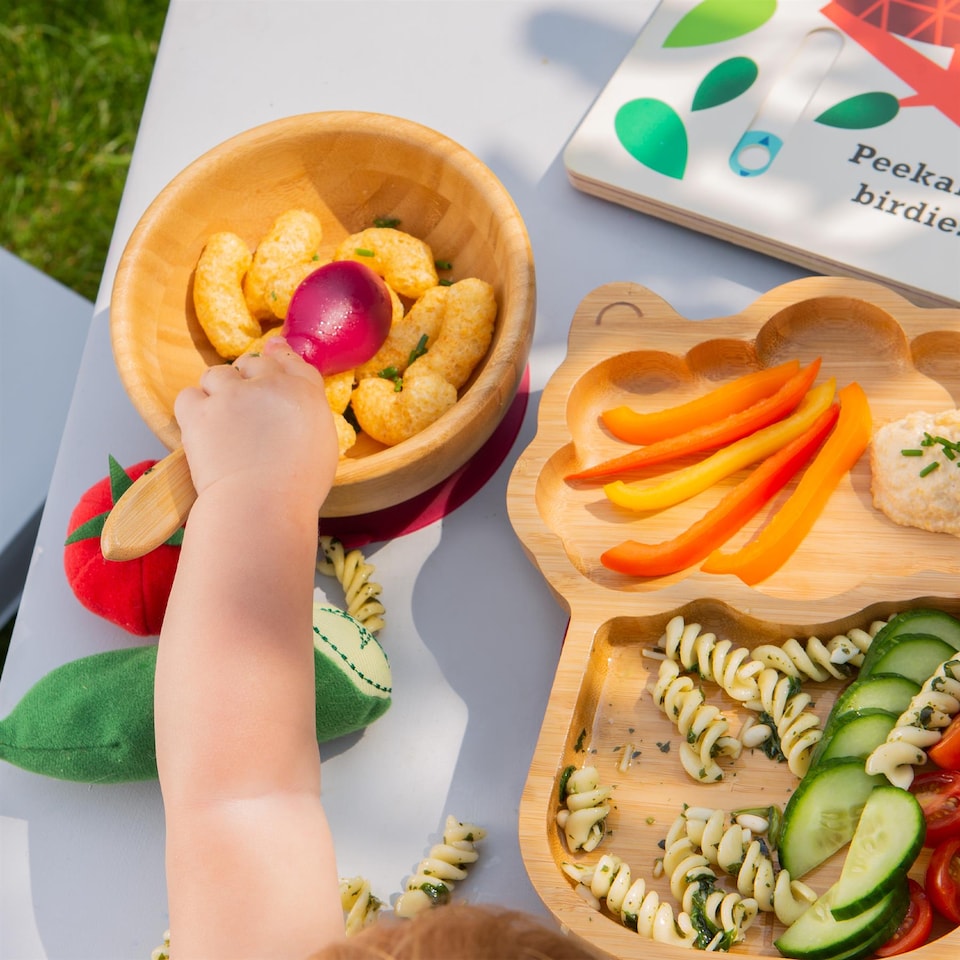 image 1 of Tiny Dining 4pc Llama Bamboo Suction Baby Feeding Set - White