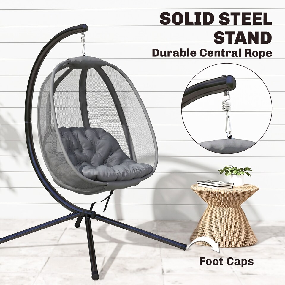 image 1 of Outsunny Folding Hanging Egg Chair w/ Cushion and Stand for Indoor Outdoor Grey | Grey | Grey