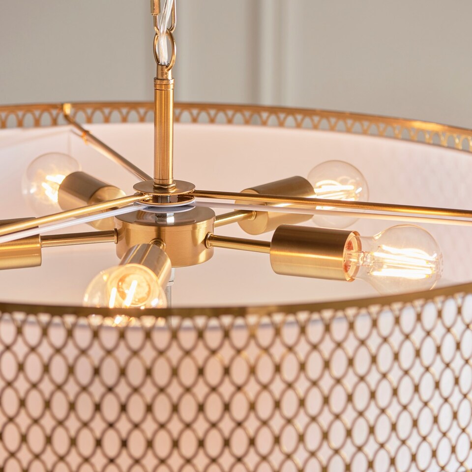 image 1 of Cordero Cylindrical Pendant Ceiling Light Gold Effect Plate, White Fabric & Frosted Glass 5x E27