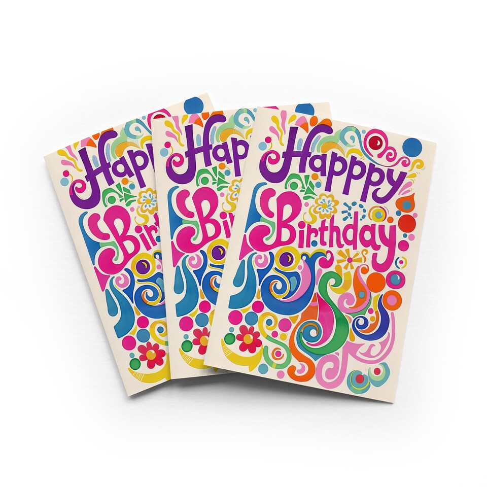 image 1 of Retro Hippy Flower Birthday Card Colourful Fun Set of 3 Greeting Cards Blank