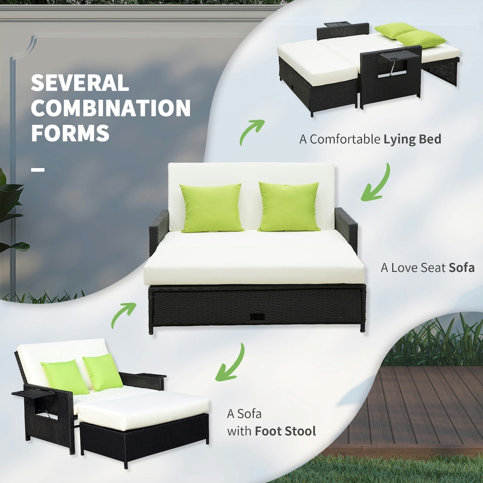 image 1 of Outsunny Garden Rattan Furniture Set 2 Seater Patio Sun Lounger Daybed Sun Bed