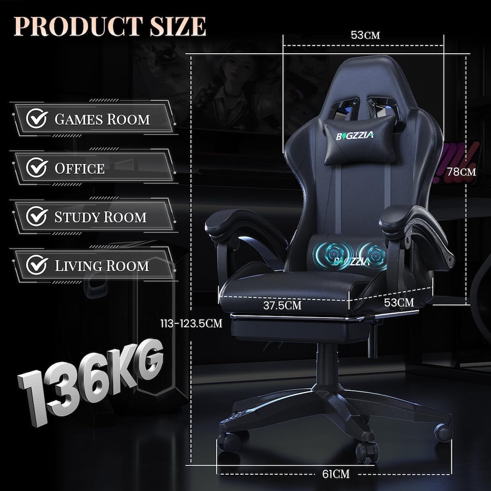 image 1 of Rattantree Ergonomic Gaming Chair Massage Lumbar Footrest Leather Swivel 150 Kg Capacity