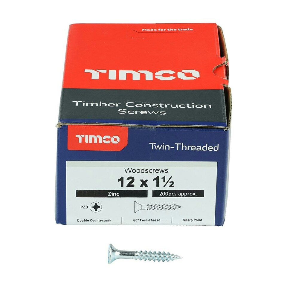 image 1 of Timco - Twin-Threaded Woodscrews - PZ - Double Countersunk - Zinc (Size 12 x 1 1/2 - 200 Pieces)