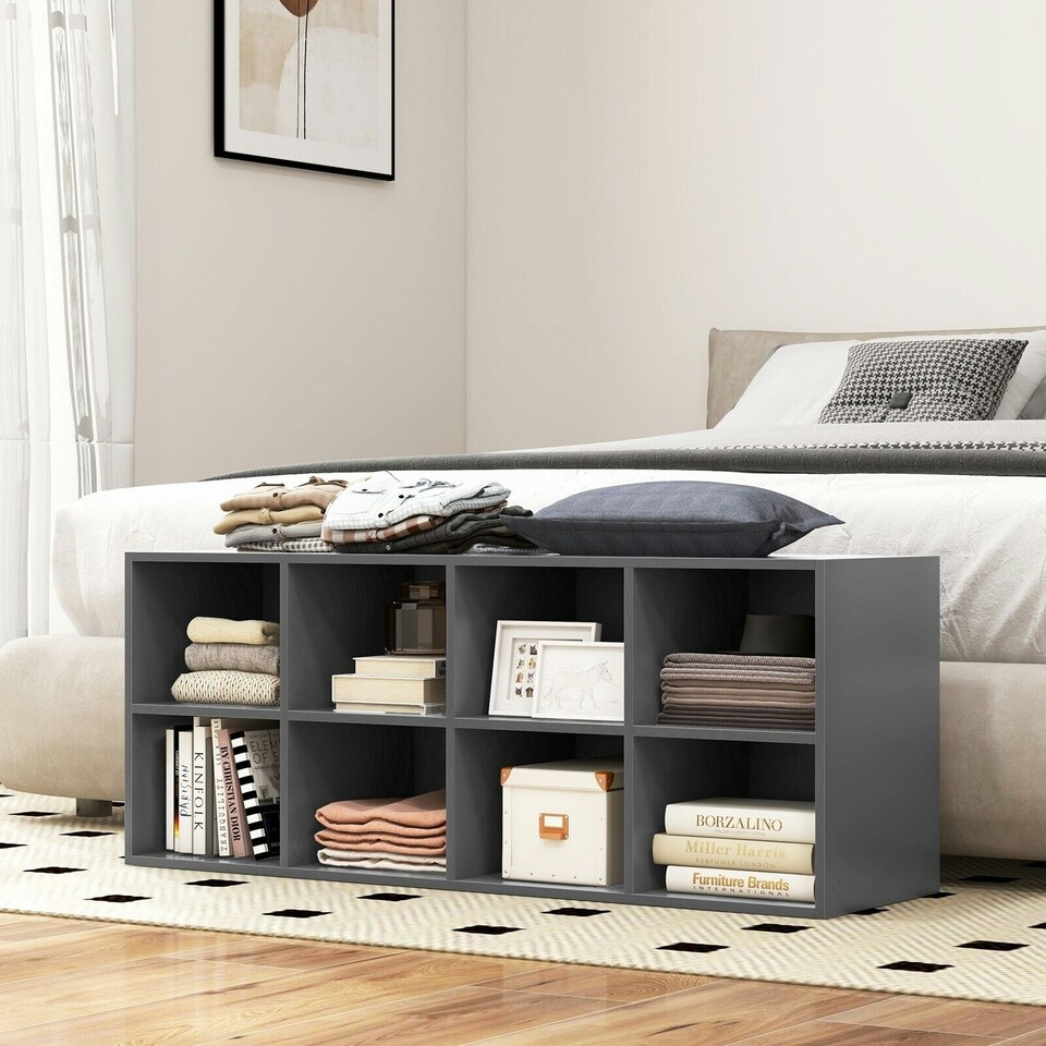 image 1 of COSTWAY 8 Grid Shoe Bench 2 in 1 Shoe Organizer Storage Grey Grey