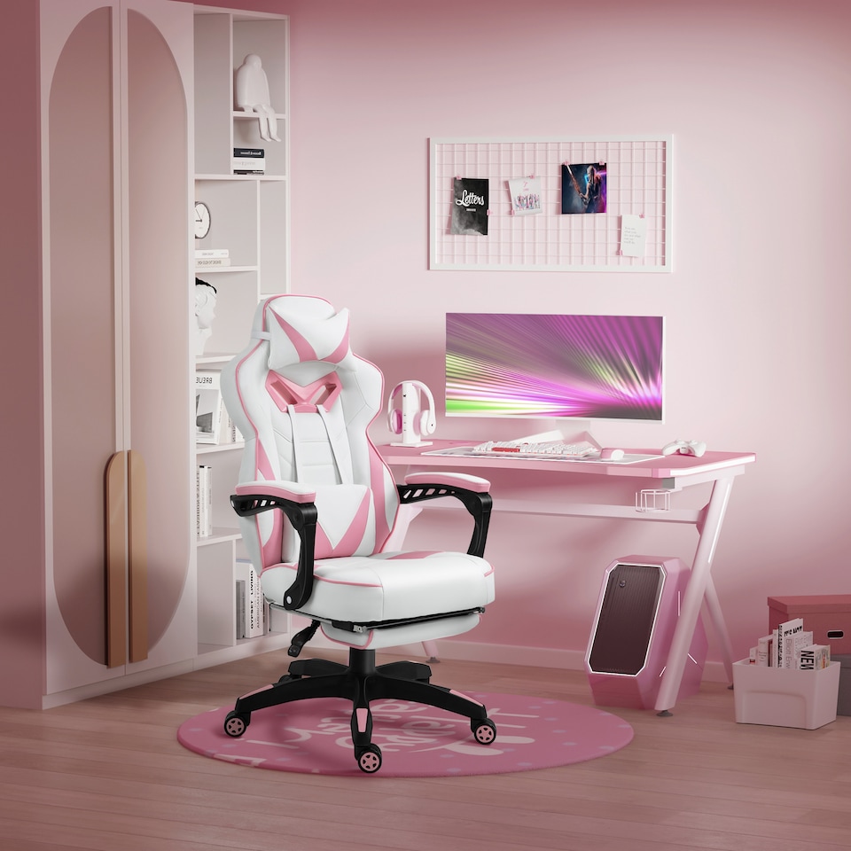 image 1 of Vinsetto Computer Gaming Chair, Racing Desk Chair with Lumbar Support and Footrest, PU Leather Gamer Chair with Headrest and Swivel Wheels for Home, Pink