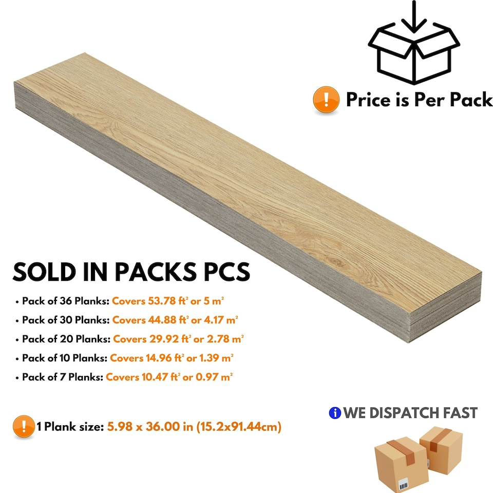 image 1 of Self Adhesive Floor Planks | 5.9x35.9in (91.4x15.2cm) Each | Peel & Stick Vinyl Flooring | Beige Wood Effect | Easy DIY | Stick On Tile Planks | Brown | 1.39 sqm