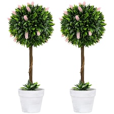 HOMCOM Set of 2 Potted Artificial Plants Ball Tree with Flowers, Pink