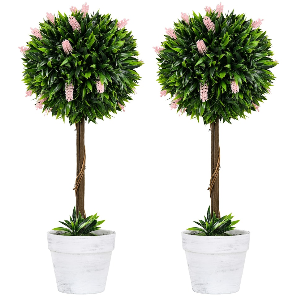 image 1 of HOMCOM Set of 2 Potted Artificial Plants Ball Tree with Flowers, Pink