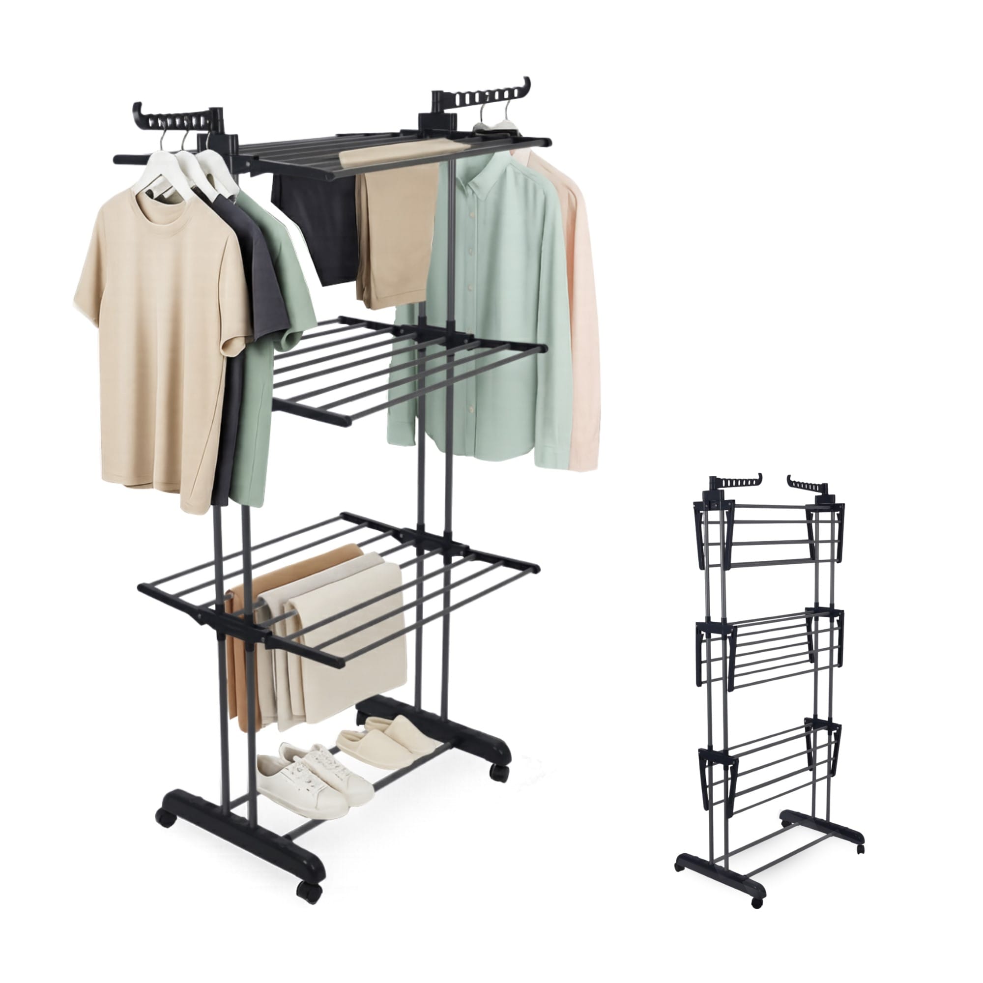 Straame 4-Tier Winged Clothes Airer – Foldable Clothes Drying Rack with Wheels for Indoor/Outdoor Use, Heavy-Duty Laundry Airer, Dryer rack, 76×50×172 cm (Black)
