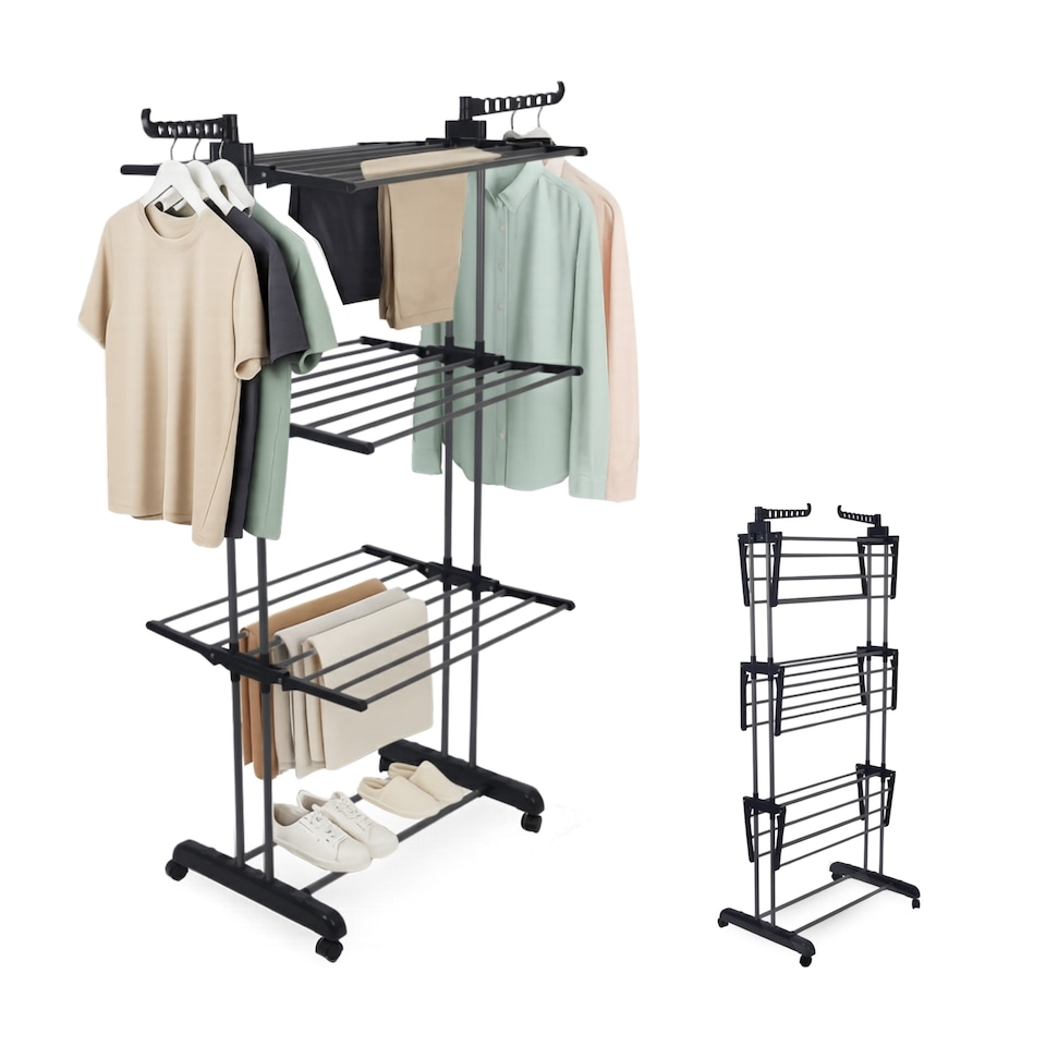 image 1 of Straame 4-Tier Winged Clothes Airer – Foldable Clothes Drying Rack with Wheels for Indoor/Outdoor Use, Heavy-Duty Laundry Airer, Dryer rack, 76×50×172 cm (Black)