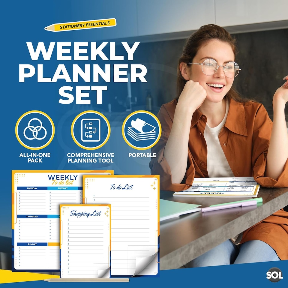 image 1 of 3-in-1 Weekly Planner, To-Do List & Shopping List Pad Set – 50 Sheets Each, Minimalist Desk Organiser for Tasks, Schedule & Productivity