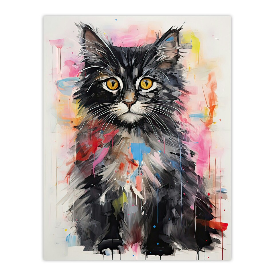 image 1 of Kitten Colourful Oil Bright Baby Cat Black Framed Wall Art Print A4
