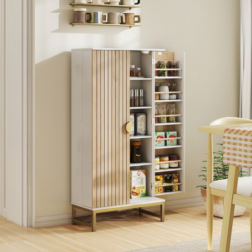image 1 of HOMCOM Kitchen Cabinet with Double Doors, 5 Tiers, 12 Spice Racks, White | White | White with natural wood and gold-tone accents | 58W x 29D x 119.5H cm