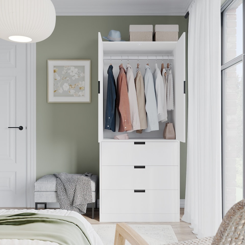 image 1 of 2 Door 3 Drawer Wardrobe with Hanging Rail - Modern Bedroom Storage Furniture | White | White with White Doors | 1