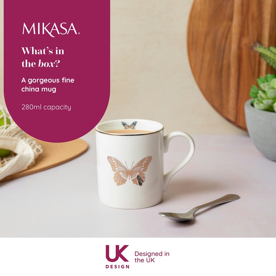 image 1 of Mikasa Butterfly Straight-Sided Porcelain Mug, 280ml | White