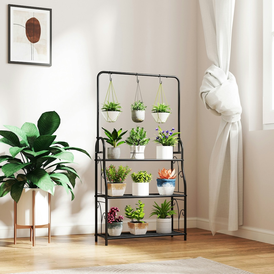 image 1 of Outsunny 3 Tier Plant Stand w/ Hanging Hooks for Balcony Living Room, Black Black