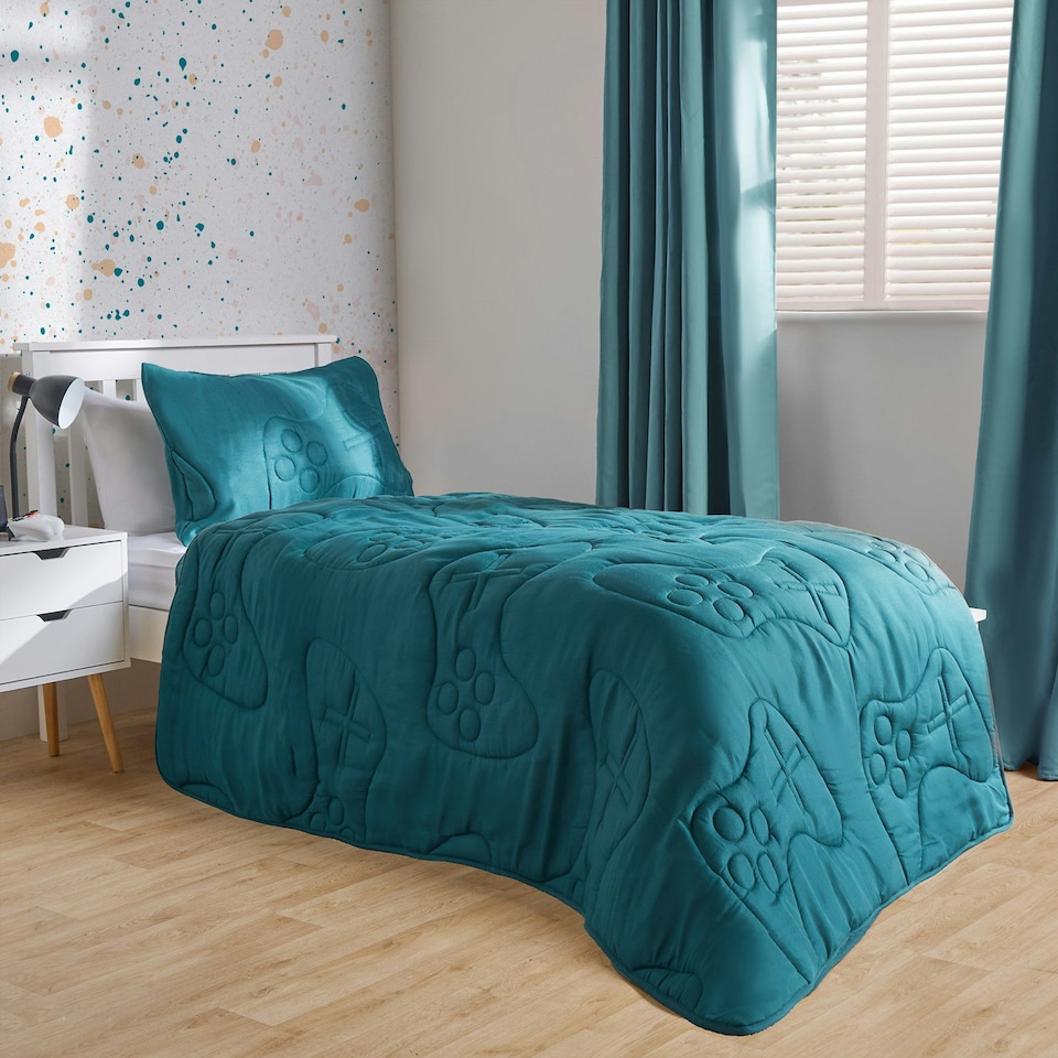 image 1 of OHS Quilted Embossed Patterned Soft Plump Coverless 7.5 Tog Washable Duvet Cover and Pillowcase Bedding Set Blue | Teal Gaming | Single