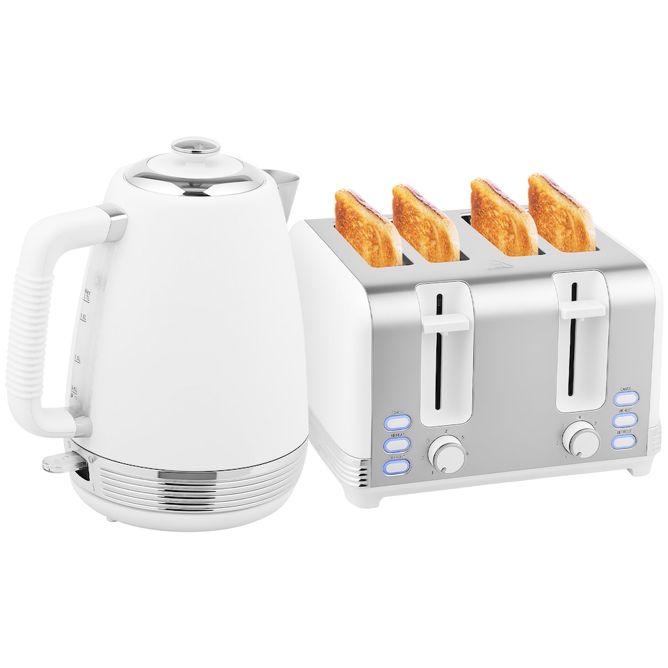 image 1 of HOMCOM Stainless Steel Kettle and Toaster Set, 1.7L 3000W Rapid Boil Jug Kettle with UK Strix Thermostat, Limescale Filter, 4 Slice Toaster with 7 Browning Controls, Crumb Tray, White and Silver Tone