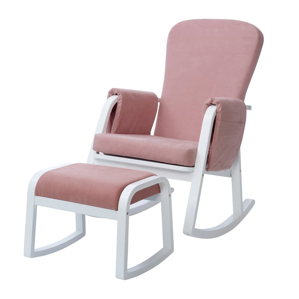 image 1 of Dursley Rocking Chair & Stool - Comfortable Rocking Chair With Padded Support, Suedette Fabric With Side Pockets & Compact Design (Blush Pink)