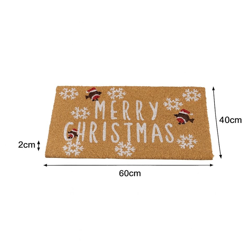 image 1 of Merry Christmas Robin Detail PVC Backed Coir Door Mat 60cm X 40cm