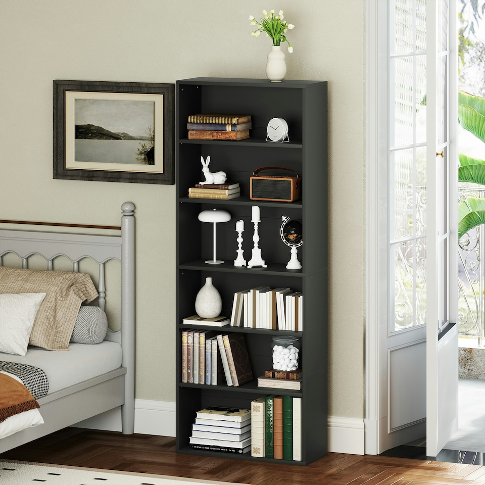 image 1 of HOMCOM 6 Tier Bookshelf, Freestanding Bookcase with Adjustable Shelves, Black
