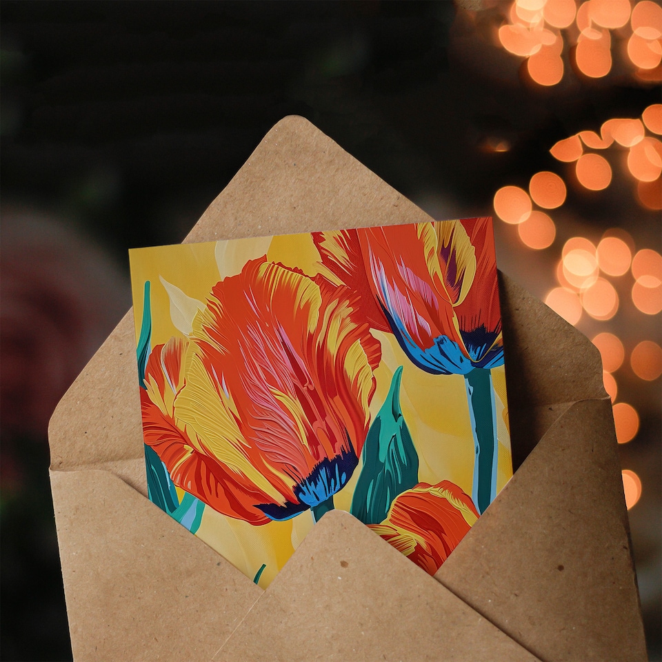 image 1 of Greeting Card Vibrant Orange Tulip Flowers Floral Oil Painting