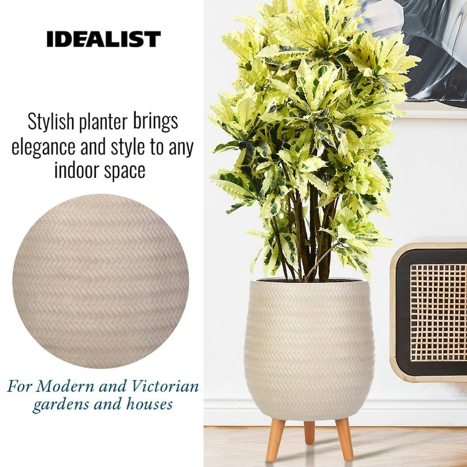image 1 of Plaited Style Beige Planter with Legs, Round Indoor Plant Pot Stand for Indoor Plants by Idealist Lite D30 H43 cm, 19L