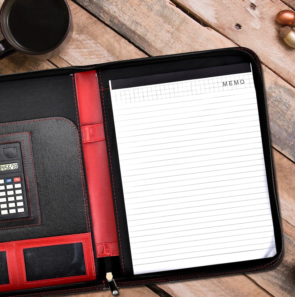 image 1 of A4 Zipped Conference Folder – Executive Portfolio with Calculator, Writing Pad, Pen Holder & Document Storage – Professional Faux Leather Business Organiser for Office, Meetings & Interviews