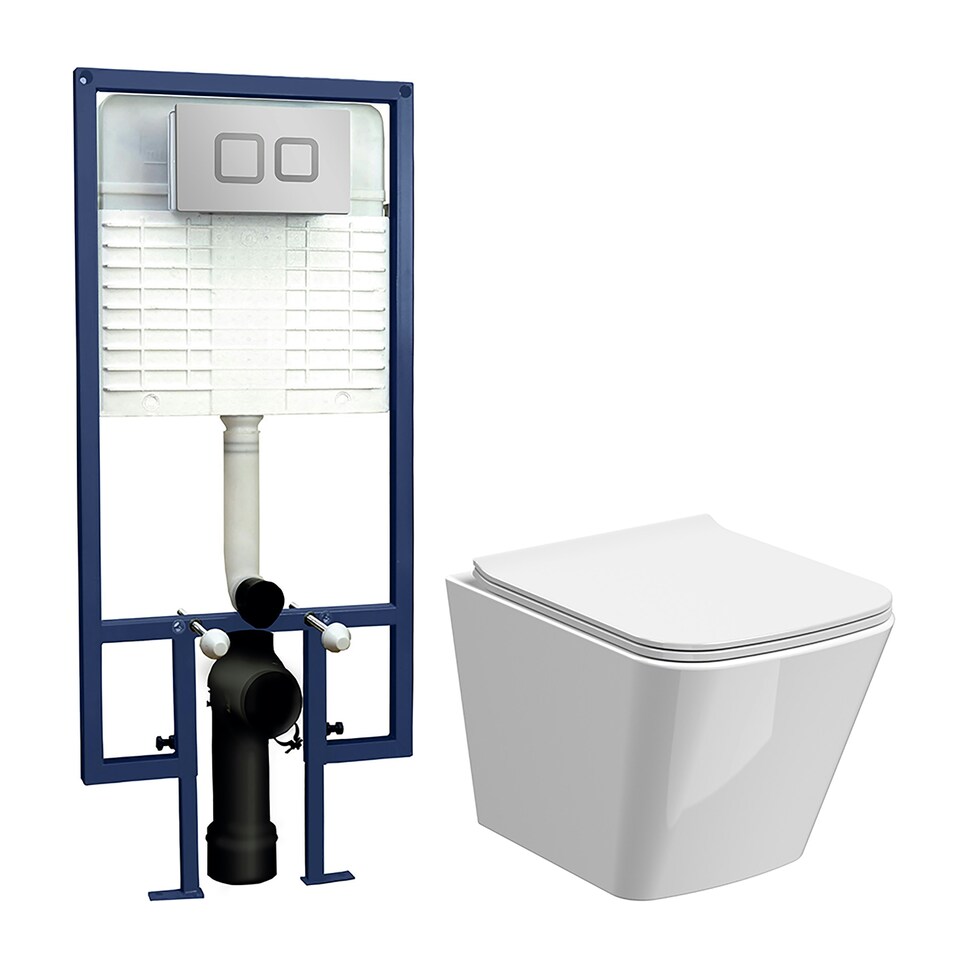 Faron Soft Square Wall Hung Toilet Pan, Soft Close Seat & Concealed Cistern with Square Push Button Plate, 325mm - Balterley