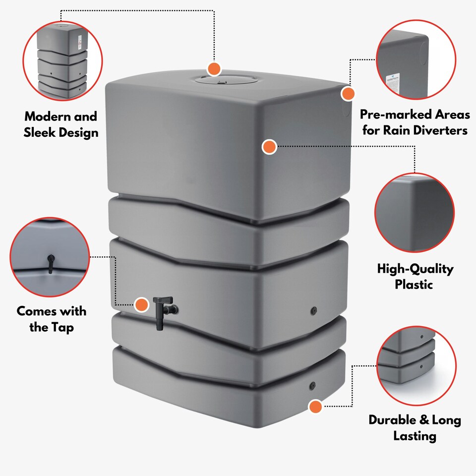 image 1 of Water Butt Kit with Tap, Diverter & Bio Cleaner – Rainwater Collector for Garden, Balcony & Terrace – Durable Plastic Water Storage Tank Grey | 450L