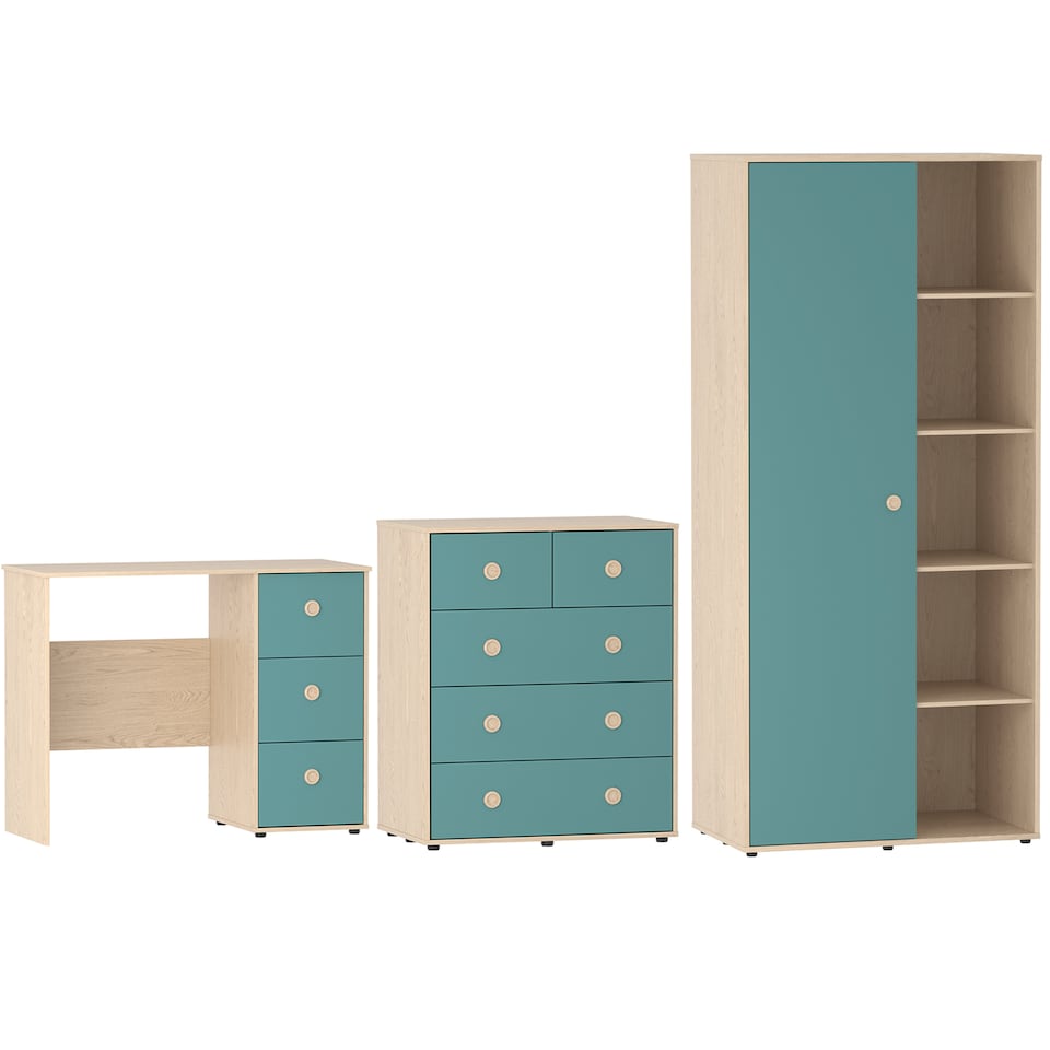 image 1 of Junior Vida Neptune 3 Piece Bedroom Set, Blue & Oak (Desk, Drawer Chest, Wardrobe) | Blue | Blue & Oak | 3