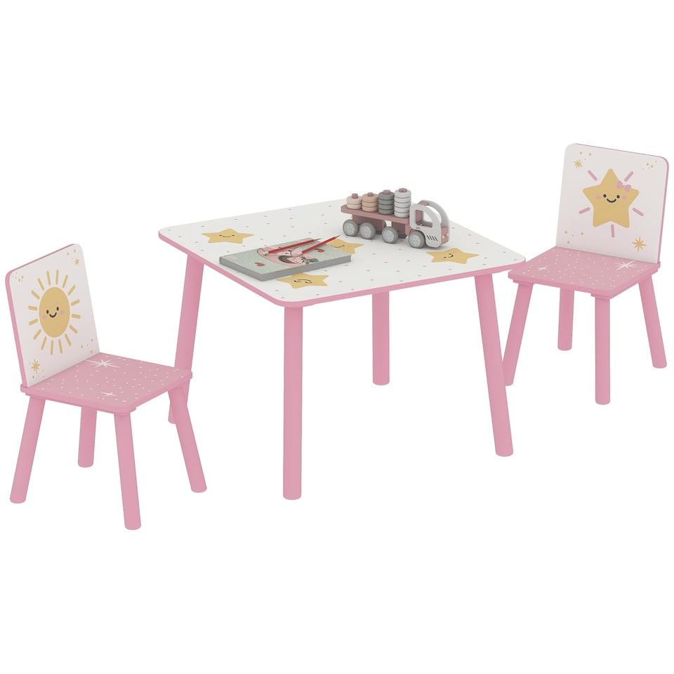 image 1 of AIYAPLAY 3-Piece Kids Table and Chair Sets, Kids Table with 2 Chairs Set Furniture with Star Pattern for Boys and Girls, Bedroom, Nursery, Playroom, Pink | Pink