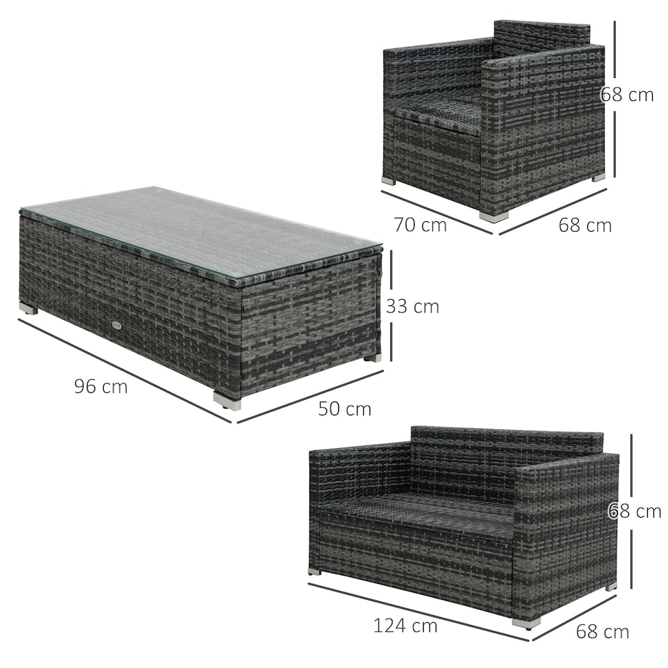 image 1 of Outsunny 4PC Rattan Sofa Set Outdoor Coffee Table Chair Wicker Garden Grey