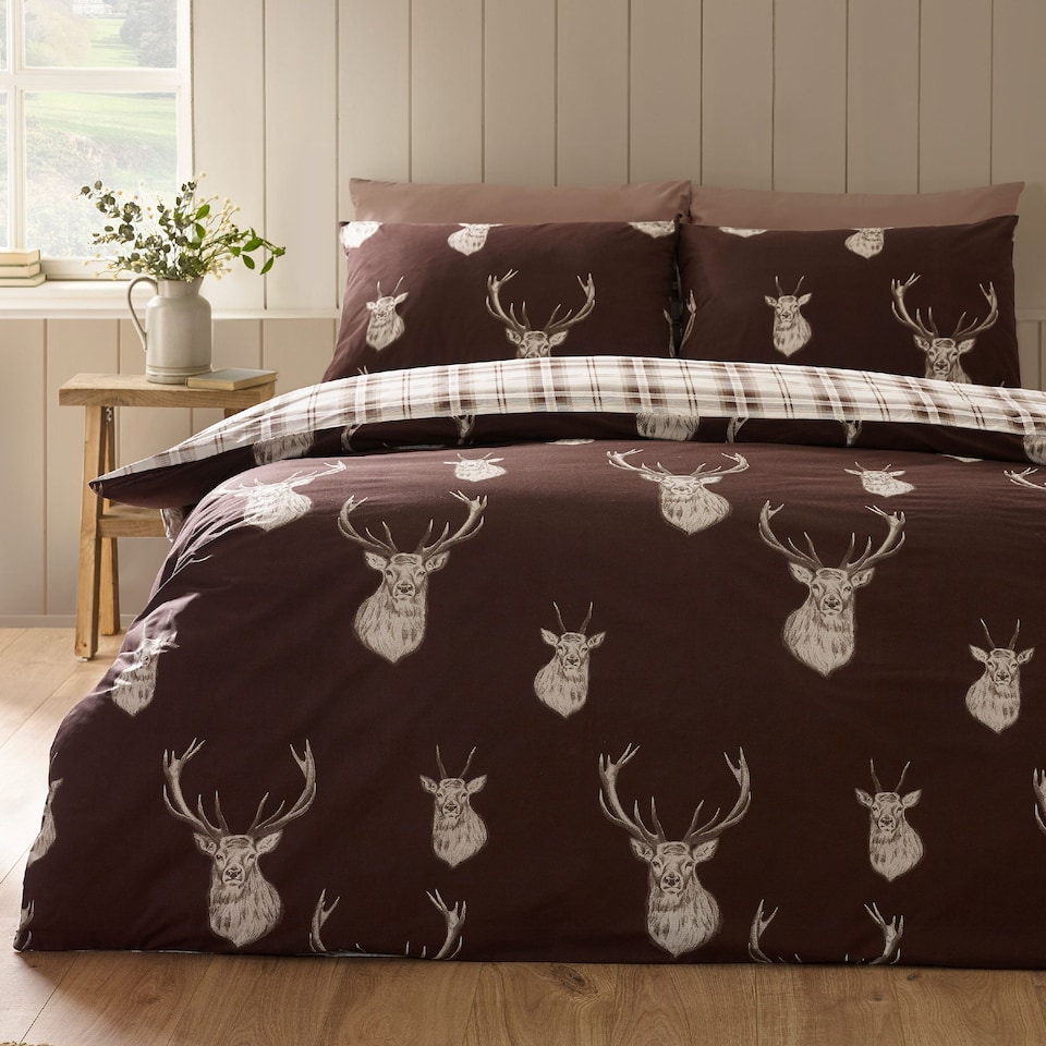image 1 of Catherine Lansfield Stag Check Reversible Duvet Cover Set