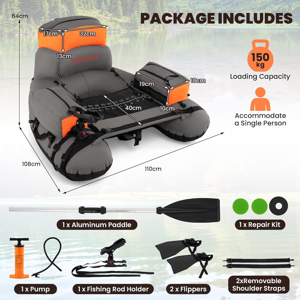 image 1 of COSTWAY Inflatable Fishing Float Tube Portable Fishing Boat w/ Shoulder Straps
